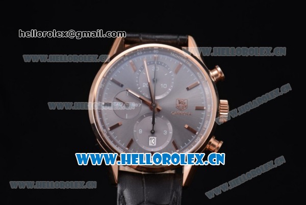 Tag Heuer Carrera Calibre 1887 Swiss Valjoux 7750 Automatic Rose Gold Case with Grey Dial and Stick Markers Black Leather Strap (V6) - Click Image to Close